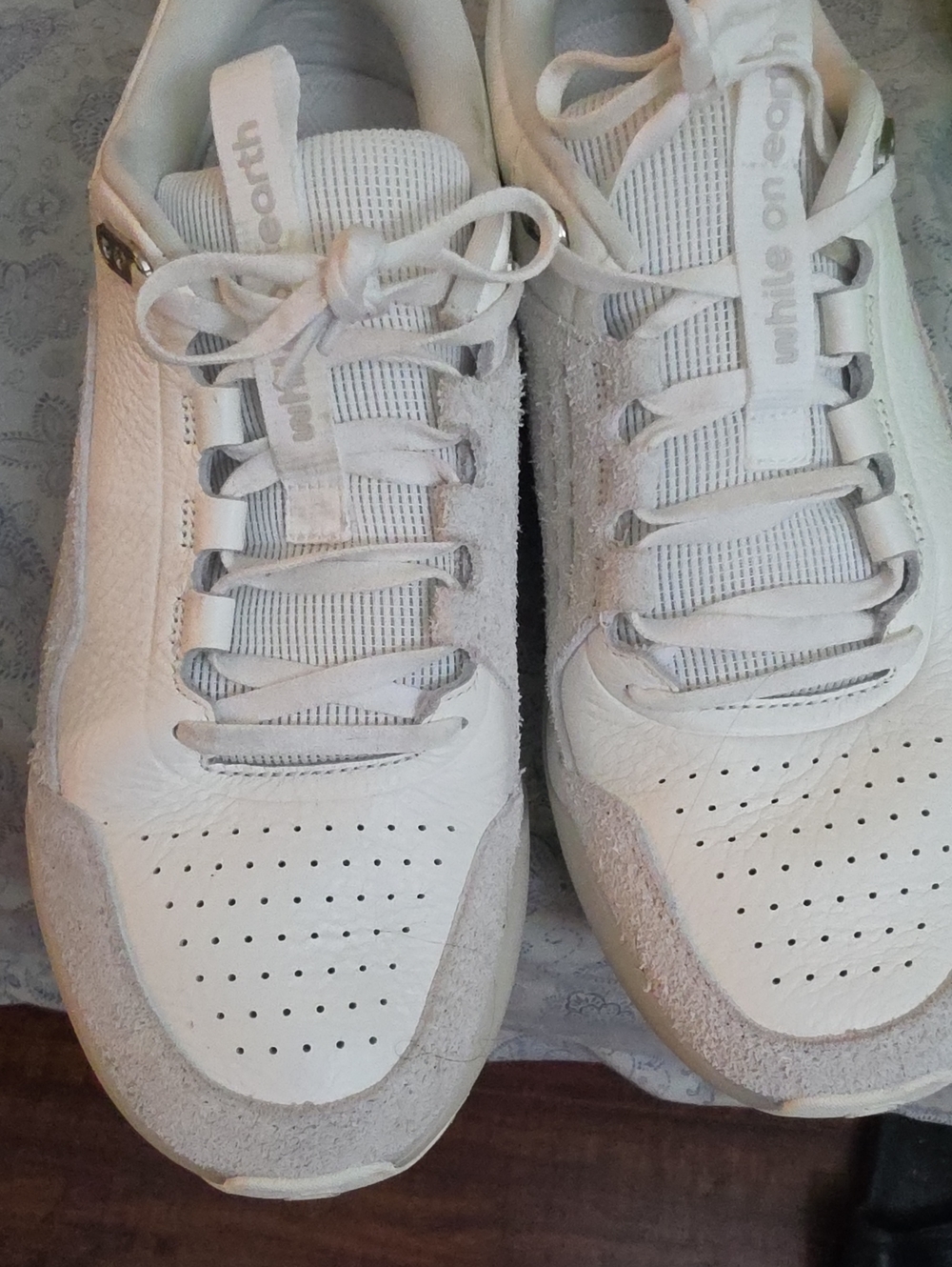 White On Earth Men’s White Leather Suede-Trim Sneakers